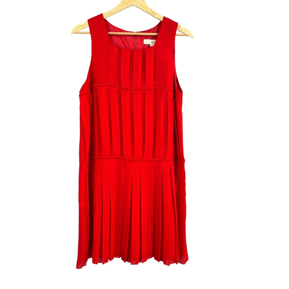 LOFT Dress Size 10 Red Sleeveless Pleated Chiffon‎ Overlay Cocktail Party New